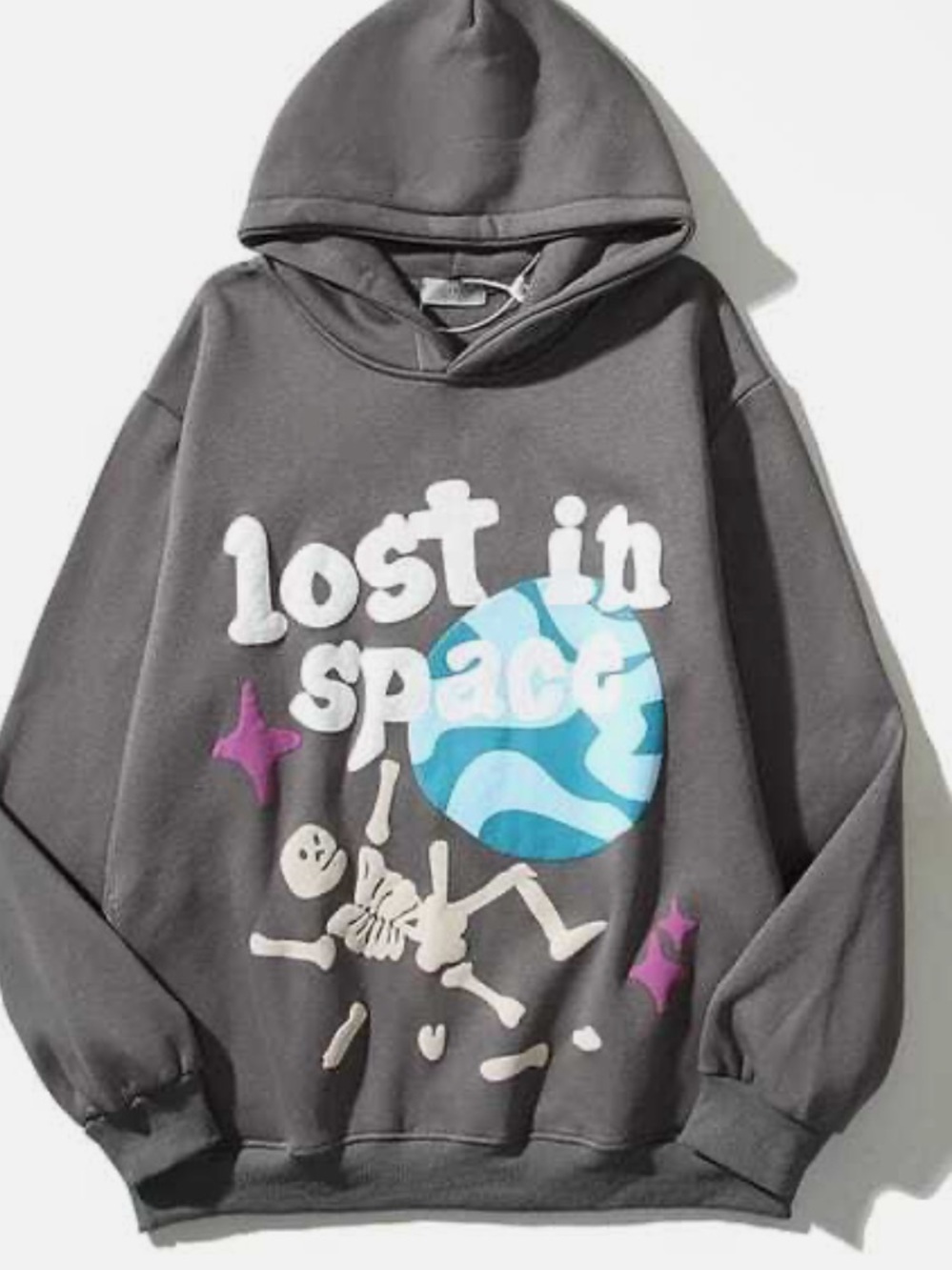 Lost in Space Graphic Hoodie — Charcoal with Blue & Purple Print! M